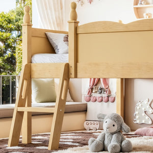 English Elm Full Size Low Loft Bed Solid Pine Frame with Built-In Bookshelf and Continuous Guardrails Natural W5305P494556