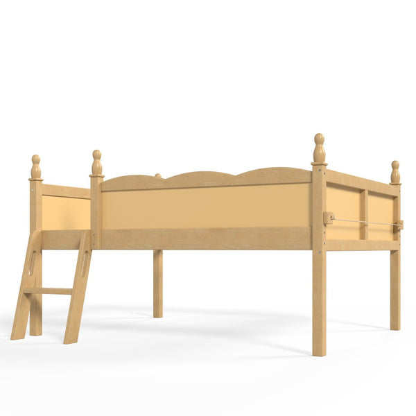 English Elm Full Size Low Loft Bed Solid Pine Frame with Built-In Bookshelf and Continuous Guardrails Natural W5305P494556