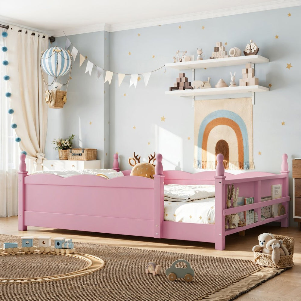 English Elm Full Montessori Floor Bed Pine Wood Build with Guardrails and Integrated Side Bookshelf Pink W5305P494565