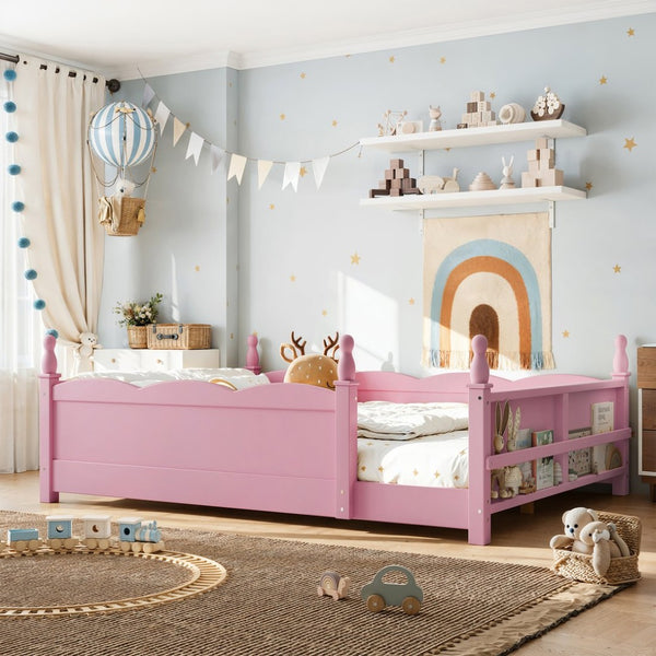 English Elm Full Montessori Floor Bed Pine Wood Build with Guardrails and Integrated Side Bookshelf Pink W5305P494565