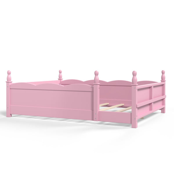 English Elm Full Montessori Floor Bed Pine Wood Build with Guardrails and Integrated Side Bookshelf Pink W5305P494565