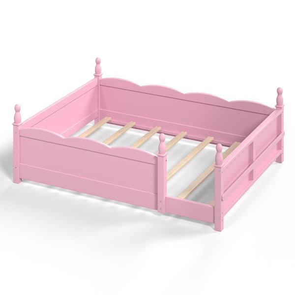 English Elm Full Montessori Floor Bed Pine Wood Build with Guardrails and Integrated Side Bookshelf Pink W5305P494565