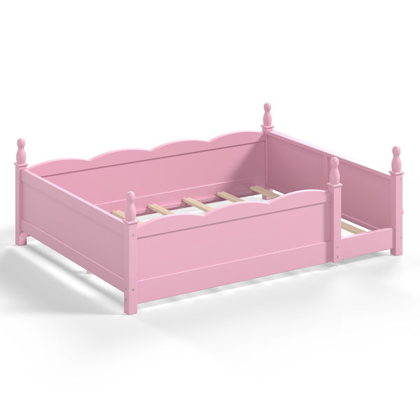 English Elm Full Montessori Floor Bed Pine Wood Build with Guardrails and Integrated Side Bookshelf Pink W5305P494565