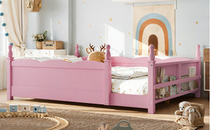English Elm Full Montessori Floor Bed Pine Wood Build with Guardrails and Integrated Side Bookshelf Pink W5305P494565