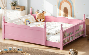 English Elm Full Montessori Floor Bed Pine Wood Build with Guardrails and Integrated Side Bookshelf Pink W5305P494565