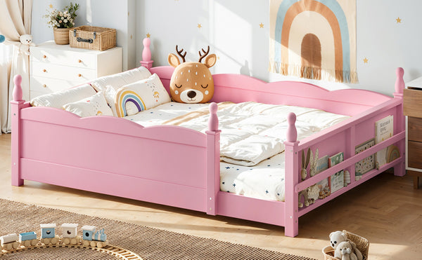 English Elm Full Montessori Floor Bed Pine Wood Build with Guardrails and Integrated Side Bookshelf Pink W5305P494565