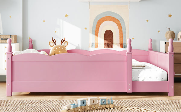 English Elm Full Montessori Floor Bed Pine Wood Build with Guardrails and Integrated Side Bookshelf Pink W5305P494565