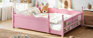 English Elm Full Montessori Floor Bed Pine Wood Build with Guardrails and Integrated Side Bookshelf Pink W5305P494565