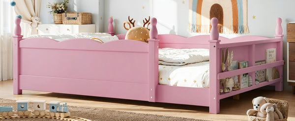 English Elm Full Montessori Floor Bed Pine Wood Build with Guardrails and Integrated Side Bookshelf Pink W5305P494565