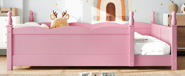 English Elm Full Montessori Floor Bed Pine Wood Build with Guardrails and Integrated Side Bookshelf Pink W5305P494565