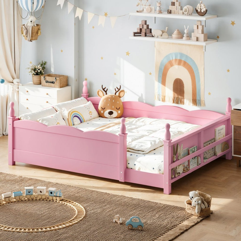 English Elm Full Montessori Floor Bed Pine Wood Build with Guardrails and Integrated Side Bookshelf Pink W5305P494565