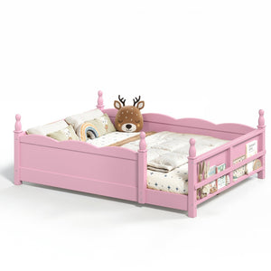 English Elm Full Montessori Floor Bed Pine Wood Build with Guardrails and Integrated Side Bookshelf Pink W5305P494565