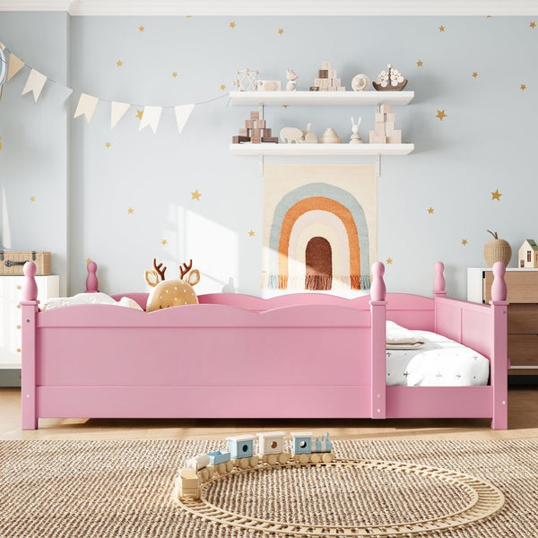 English Elm Full Montessori Floor Bed Pine Wood Build with Guardrails and Integrated Side Bookshelf Pink W5305P494565