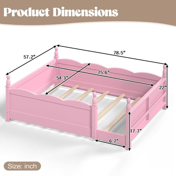 English Elm Full Montessori Floor Bed Pine Wood Build with Guardrails and Integrated Side Bookshelf Pink W5305P494565