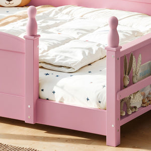 English Elm Full Montessori Floor Bed Pine Wood Build with Guardrails and Integrated Side Bookshelf Pink W5305P494565