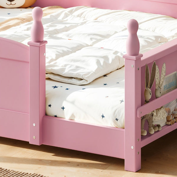 English Elm Full Montessori Floor Bed Pine Wood Build with Guardrails and Integrated Side Bookshelf Pink W5305P494565