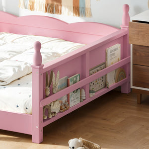 English Elm Full Montessori Floor Bed Pine Wood Build with Guardrails and Integrated Side Bookshelf Pink W5305P494565
