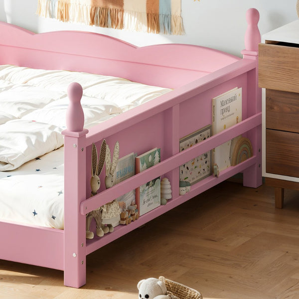 English Elm Full Montessori Floor Bed Pine Wood Build with Guardrails and Integrated Side Bookshelf Pink W5305P494565