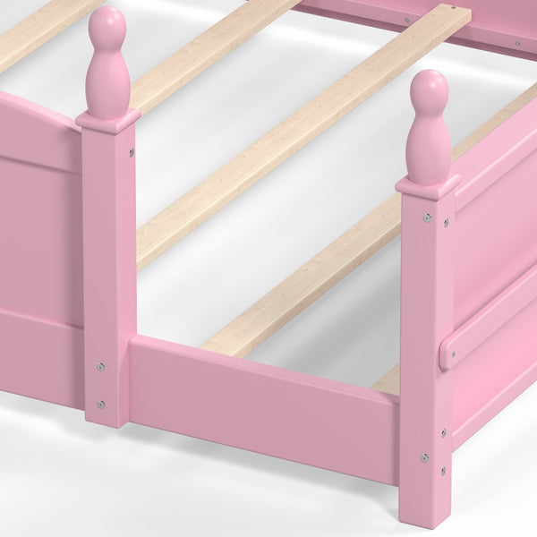 English Elm Full Montessori Floor Bed Pine Wood Build with Guardrails and Integrated Side Bookshelf Pink W5305P494565