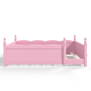 English Elm Full Montessori Floor Bed Pine Wood Build with Guardrails and Integrated Side Bookshelf Pink W5305P494565