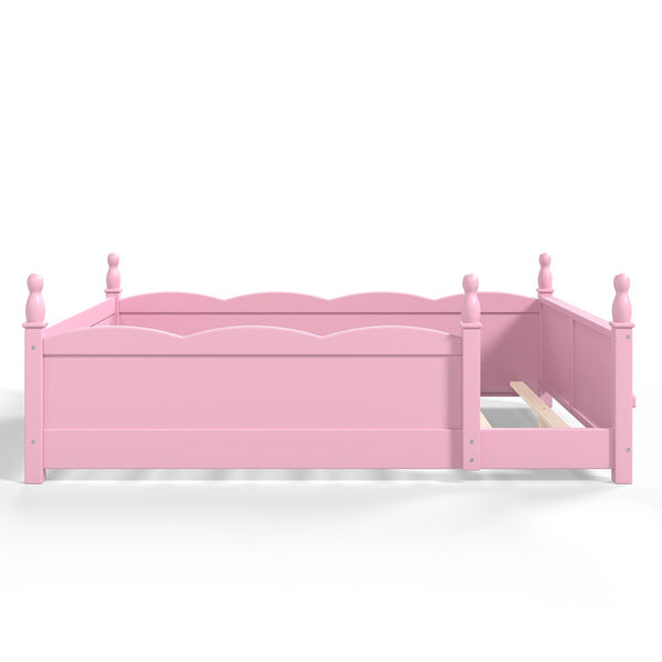 English Elm Full Montessori Floor Bed Pine Wood Build with Guardrails and Integrated Side Bookshelf Pink W5305P494565