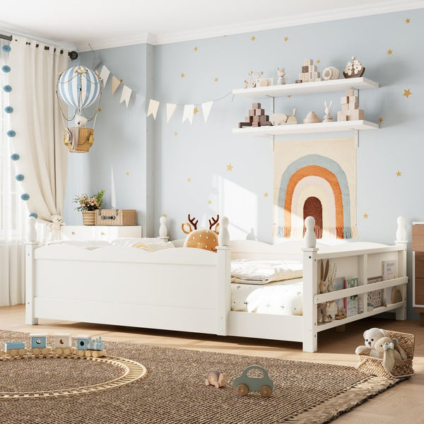 English Elm Full Montessori Floor Bed Pine Wood Build with Guardrails and Integrated Side Bookshelf Beige W5305P494566