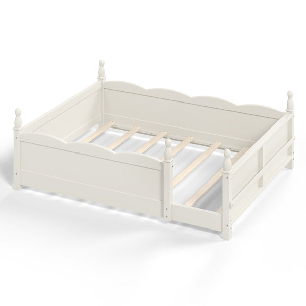 English Elm Full Montessori Floor Bed Pine Wood Build with Guardrails and Integrated Side Bookshelf Beige W5305P494566