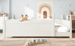 English Elm Full Montessori Floor Bed Pine Wood Build with Guardrails and Integrated Side Bookshelf Beige W5305P494566