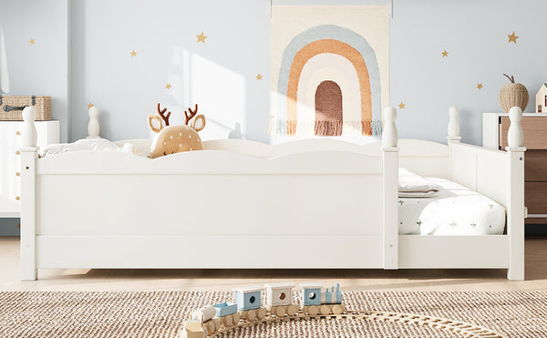 English Elm Full Montessori Floor Bed Pine Wood Build with Guardrails and Integrated Side Bookshelf Beige W5305P494566