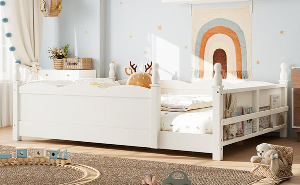 English Elm Full Montessori Floor Bed Pine Wood Build with Guardrails and Integrated Side Bookshelf Beige W5305P494566