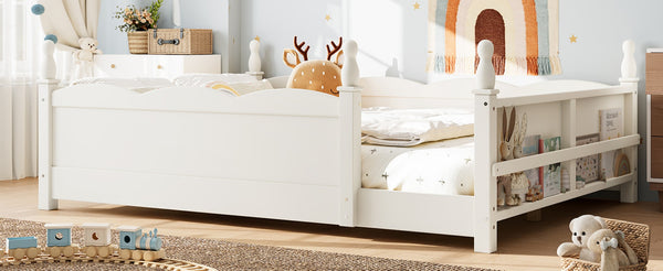 English Elm Full Montessori Floor Bed Pine Wood Build with Guardrails and Integrated Side Bookshelf Beige W5305P494566