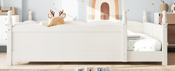 English Elm Full Montessori Floor Bed Pine Wood Build with Guardrails and Integrated Side Bookshelf Beige W5305P494566