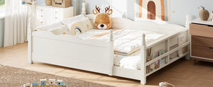 English Elm Full Montessori Floor Bed Pine Wood Build with Guardrails and Integrated Side Bookshelf Beige W5305P494566