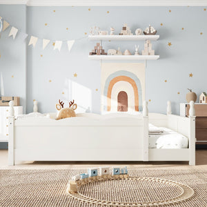 English Elm Full Montessori Floor Bed Pine Wood Build with Guardrails and Integrated Side Bookshelf Beige W5305P494566