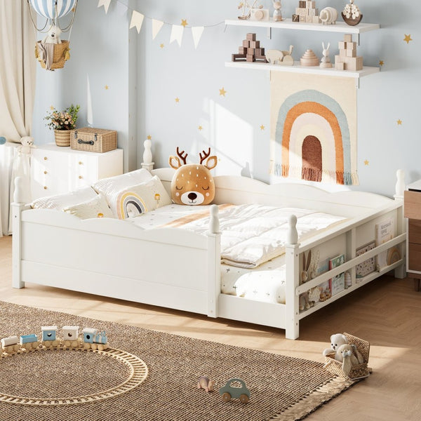 English Elm Full Montessori Floor Bed Pine Wood Build with Guardrails and Integrated Side Bookshelf Beige W5305P494566