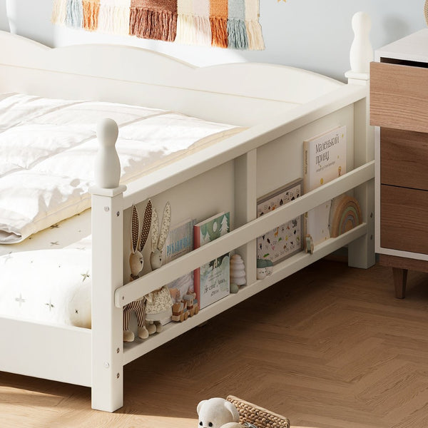 English Elm Full Montessori Floor Bed Pine Wood Build with Guardrails and Integrated Side Bookshelf Beige W5305P494566