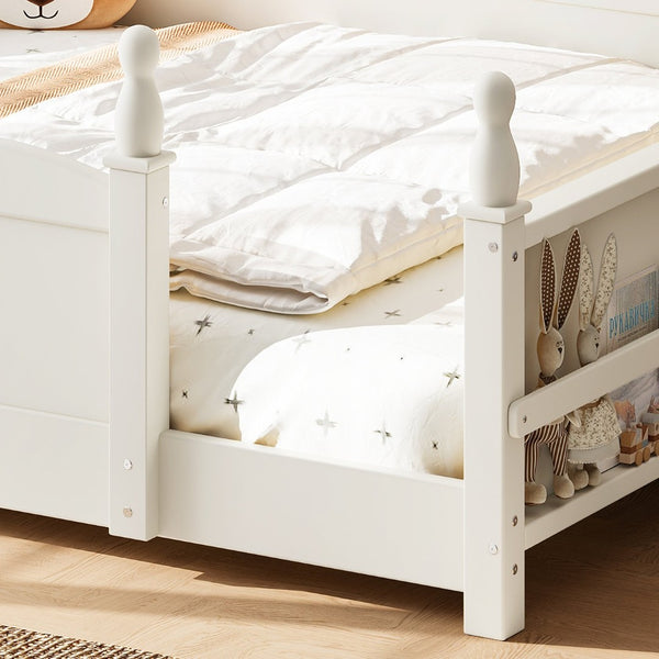 English Elm Full Montessori Floor Bed Pine Wood Build with Guardrails and Integrated Side Bookshelf Beige W5305P494566