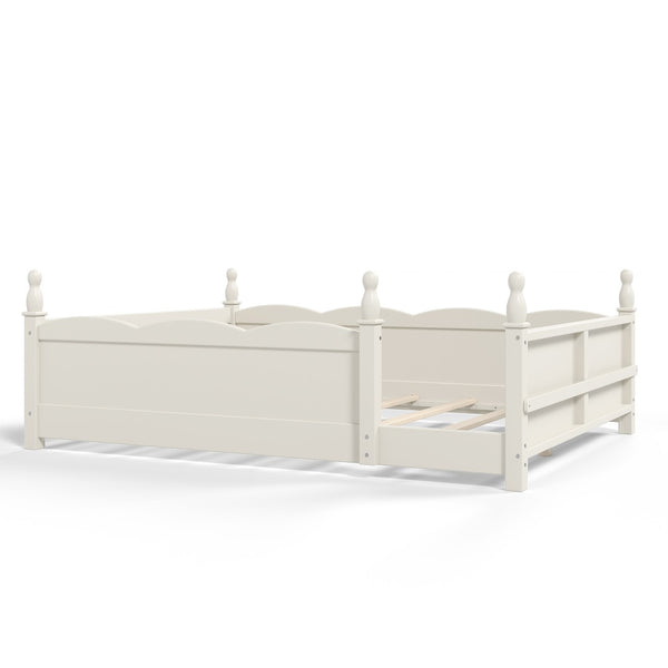 English Elm Full Montessori Floor Bed Pine Wood Build with Guardrails and Integrated Side Bookshelf Beige W5305P494566