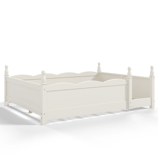 English Elm Full Montessori Floor Bed Pine Wood Build with Guardrails and Integrated Side Bookshelf Beige W5305P494566