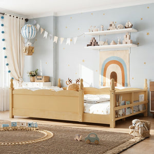 English Elm Full Montessori Floor Bed Pine Wood Build with Guardrails and Integrated Side Bookshelf Natural W5305P494568
