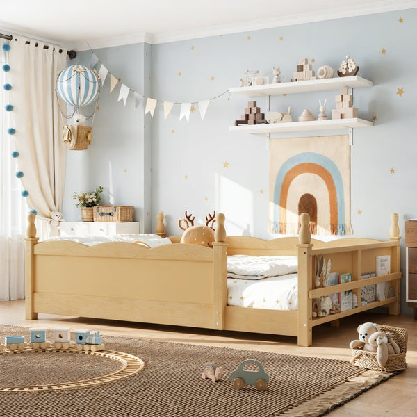 English Elm Full Montessori Floor Bed Pine Wood Build with Guardrails and Integrated Side Bookshelf Natural W5305P494568