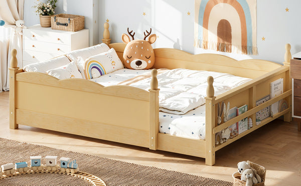 English Elm Full Montessori Floor Bed Pine Wood Build with Guardrails and Integrated Side Bookshelf Natural W5305P494568