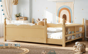 English Elm Full Montessori Floor Bed Pine Wood Build with Guardrails and Integrated Side Bookshelf Natural W5305P494568