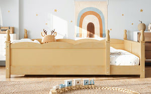 English Elm Full Montessori Floor Bed Pine Wood Build with Guardrails and Integrated Side Bookshelf Natural W5305P494568