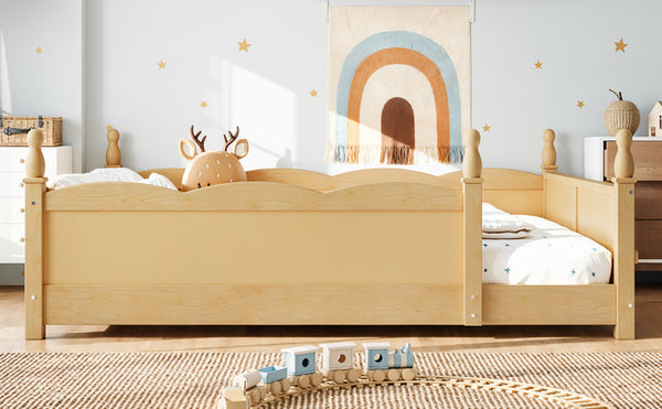 English Elm Full Montessori Floor Bed Pine Wood Build with Guardrails and Integrated Side Bookshelf Natural W5305P494568