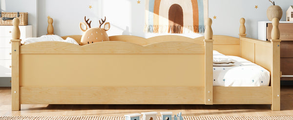 English Elm Full Montessori Floor Bed Pine Wood Build with Guardrails and Integrated Side Bookshelf Natural W5305P494568