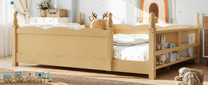 English Elm Full Montessori Floor Bed Pine Wood Build with Guardrails and Integrated Side Bookshelf Natural W5305P494568