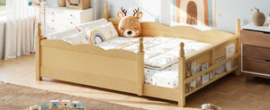 English Elm Full Montessori Floor Bed Pine Wood Build with Guardrails and Integrated Side Bookshelf Natural W5305P494568