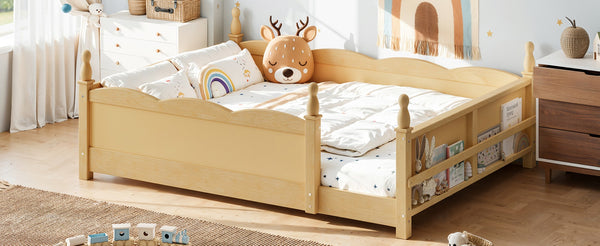 English Elm Full Montessori Floor Bed Pine Wood Build with Guardrails and Integrated Side Bookshelf Natural W5305P494568