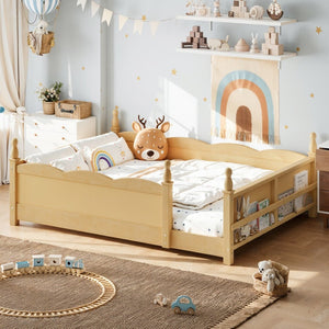 English Elm Full Montessori Floor Bed Pine Wood Build with Guardrails and Integrated Side Bookshelf Natural W5305P494568